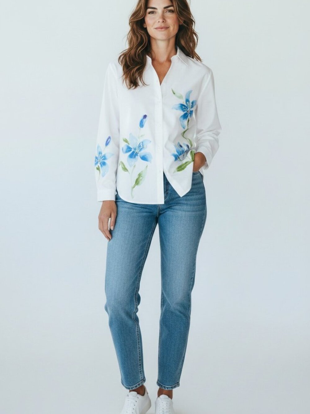 Womens L White Floral Beaded Blouse Button Up Tropical Flower Classic Cotton